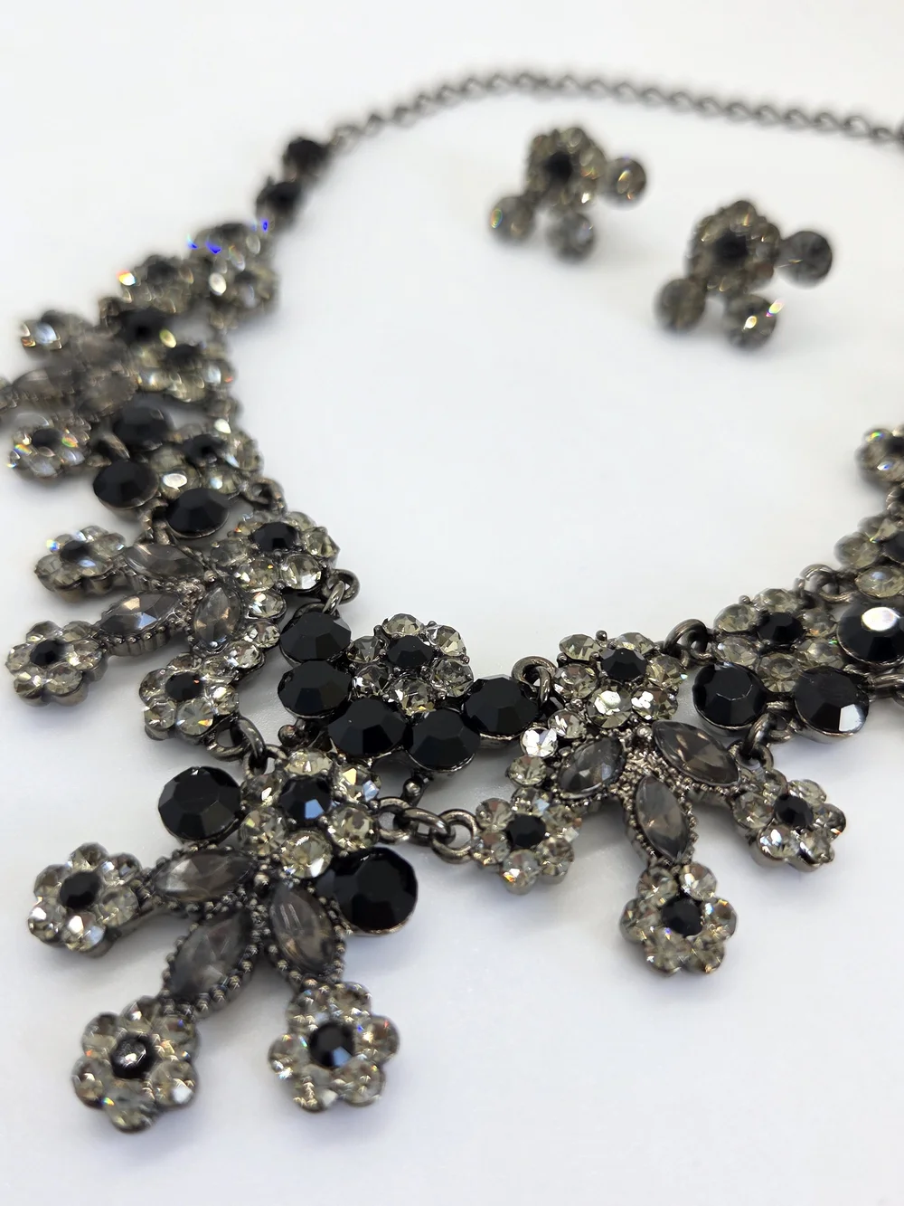 Elegant Black and Crystal Statement Necklace and Earrings Set, Vintage